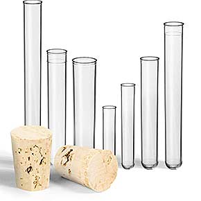 Kunststoff Reagenzgläser in verschiedenen Größen mit zwei natürlichen Korken - Natur-Korken