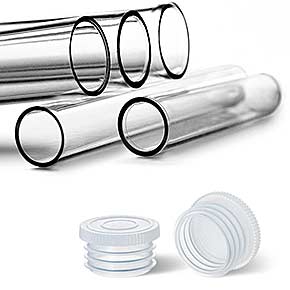 Kunststoff Reagenzgläser in verschiedenen Größen mit zwei weißen Verschlussstopfen - Lamellenverschluss