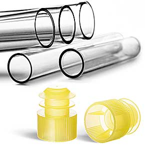 Plastik Reagenzglas Kunststoffröhrchen in verschiedenen Größen mit gelben Verschluss Kappen - Stopfen Deckel gelb