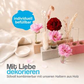 Reagenzgläser als Blumenvase mit verschiedenen Holzhaltern