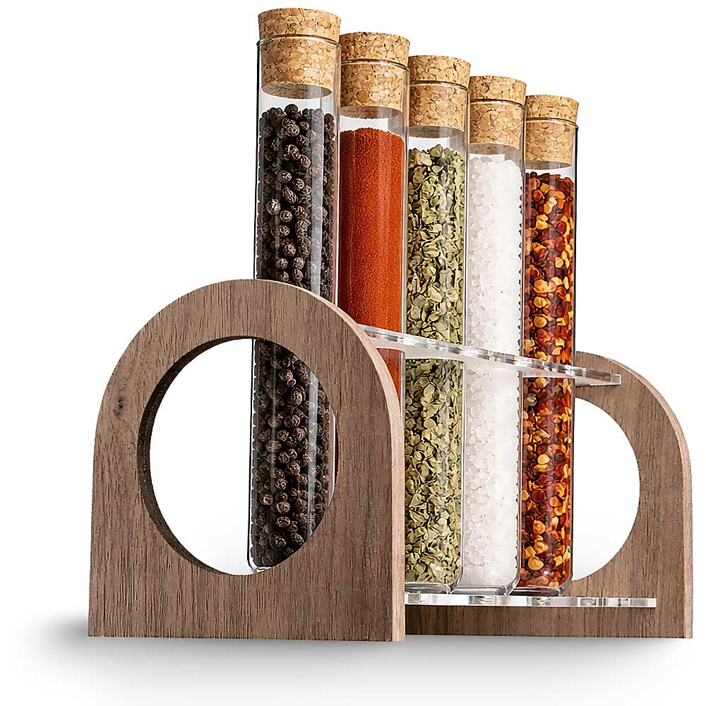 Großes Gewürzregal aus Holz und Acryl mit 5 Reagenzgläsern – moderne Gewürzaufbewahrung für die Küche