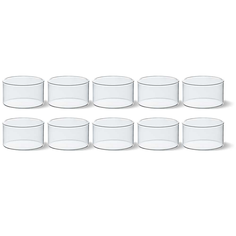 10er Set flache Glasschalen 115 mm Durchmesser aus Borosilikatglas – transparente Dekoschalen für Kerzen und Wasser