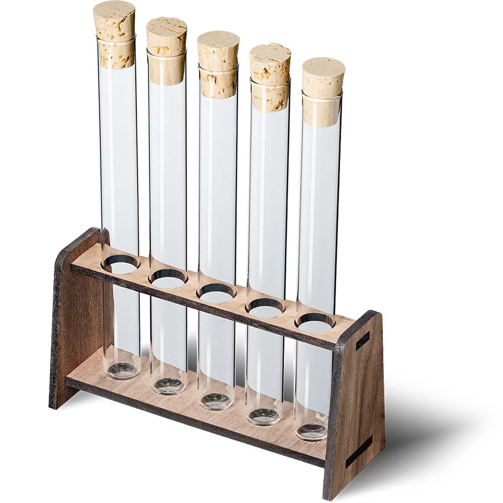 Kleiner Reagenzglashalter aus Nussbaum mit 5 Gläsern und Korken – dekoratives Gewürzregal oder Geschenkidee