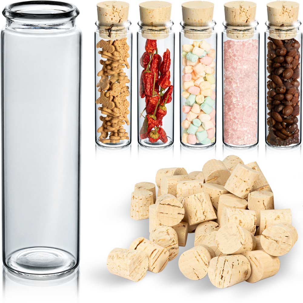 Leere Glasröhrchen mit Korkverschluss – Gläschen für Gewürze, Süßigkeiten und kreative Verpackungen