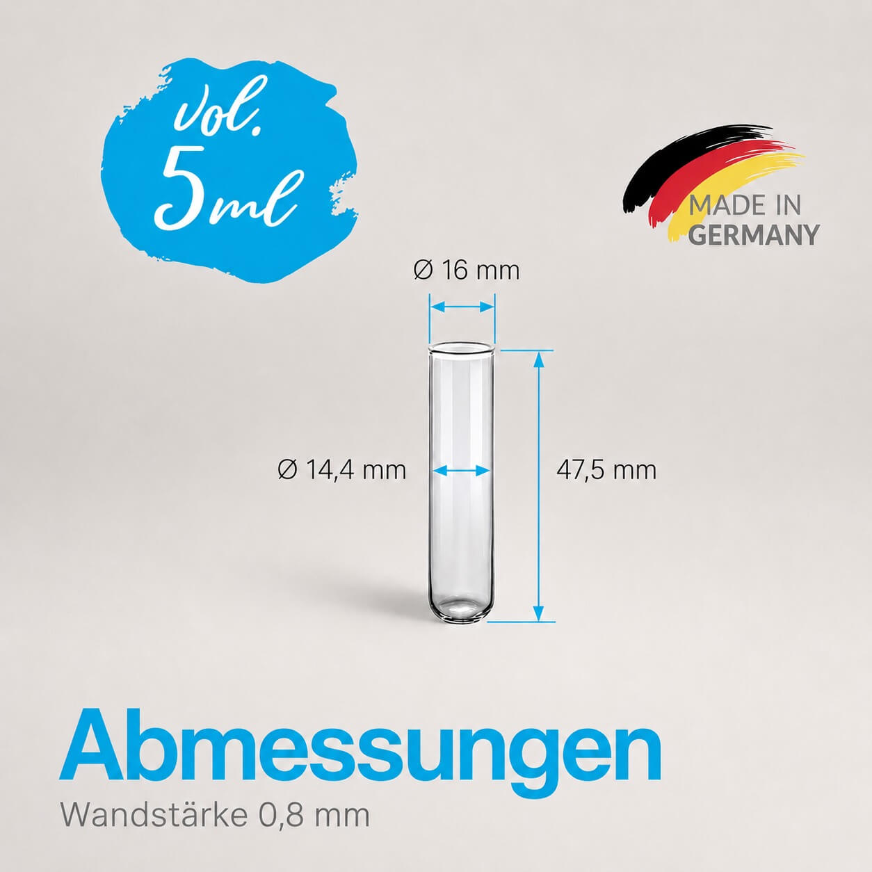 Abmessungen des Reagenzglases: 47,5 × 16 mm mit 5  ml Fassungsvermögen
