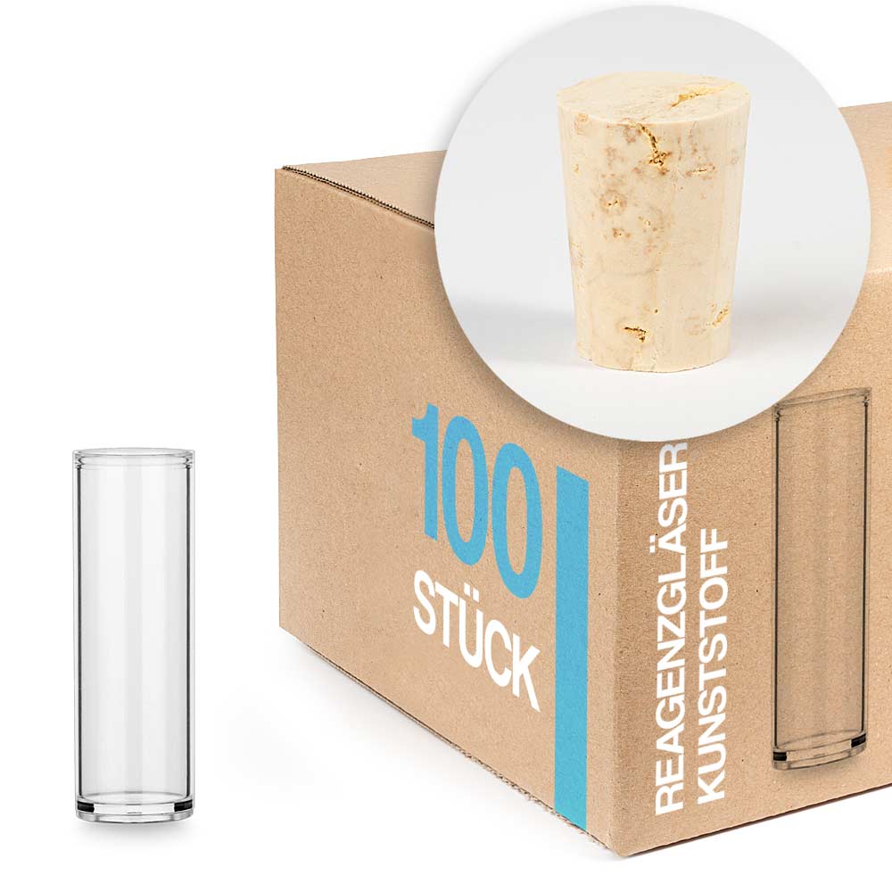 Reagenzglas aus Kunststoff mit Natur-Korken 50x16 - 100er-Set