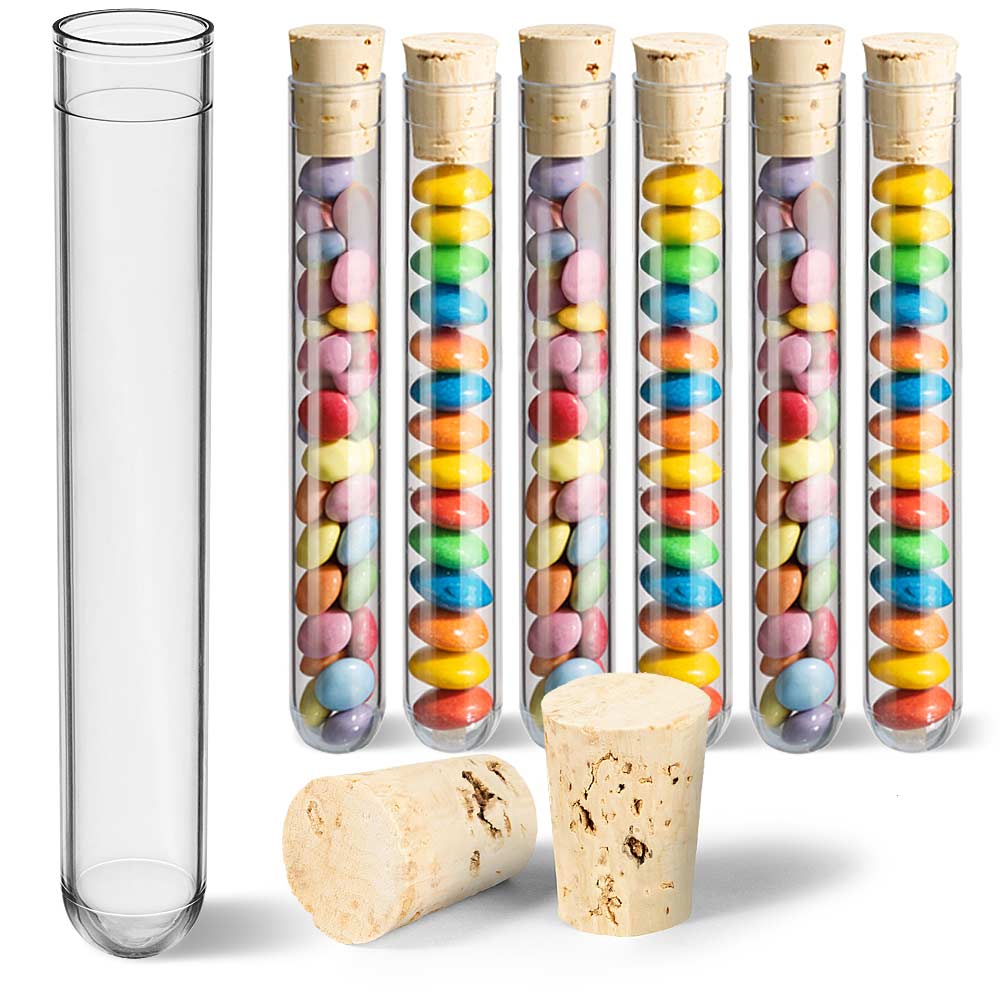Reagenzgläser aus Kunststoff mit Korken und Schokolinsen (M&Ms) – kreative Geschenkverpackung für Gastgeschenke und Events