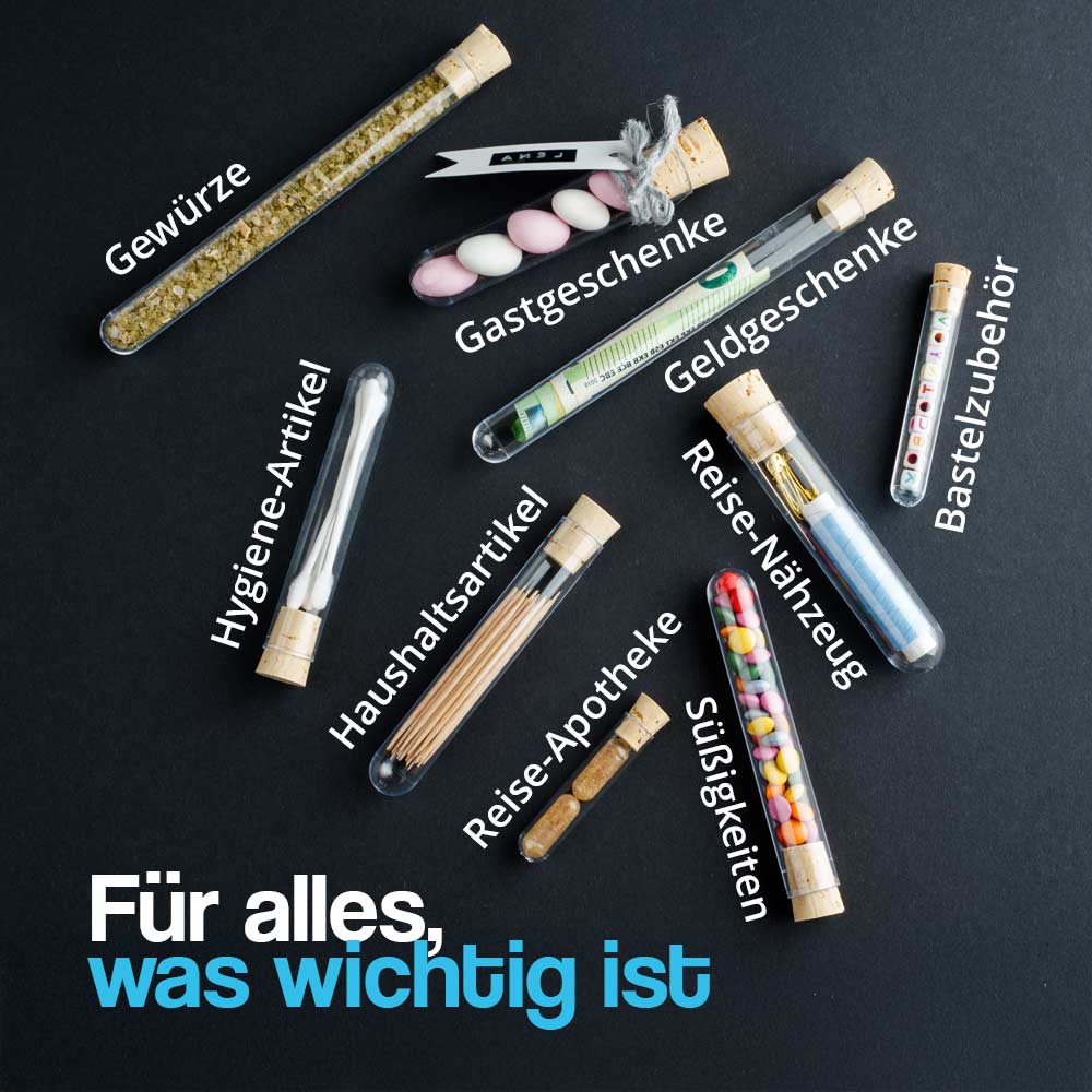 Produktbild von 15 Stück Kunststoff-Reagenzgläser Mit Korken | Vielseitig, Neutral – Für Blumen, Aufbewahrung