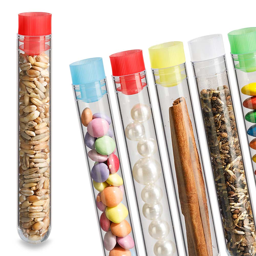 Kunststoff Reagenzglas befüllt mit Samen, Blumensamen, Perlen und Stopfen Verschluss