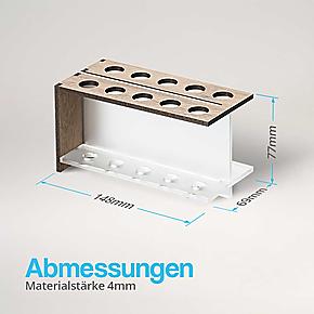 Abmessungen des Halters aus Nussbaumholz und schwarzem Acryl: 151 mm lang, 69 mm breit, 77 mm hoch