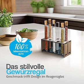 Nussbaum Acryl Gewürzständer für den Tisch mit Reagenzgläsern gefüllt mit Gewürzen