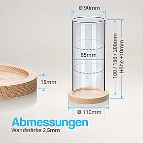 Abmessungen - Windlichtglas am Beispiel 150x90mm mit Holz-Untersetzer