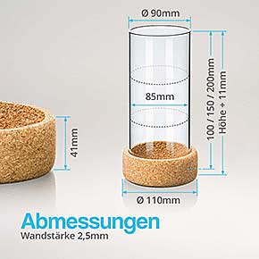 Abmessungen - Windlichtglas am Beispiel 150x90mm mit Kork-Untersetzer