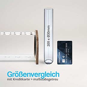 Größenvergleich vom Nussbaum Acryl Reagenzglas Halter mit  Gläser und Korken und Kreditkarte