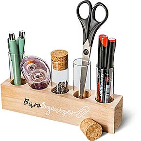 Kleiner Schreibtisch Organizer aus Holz mit 5 Reagenzgläsern und Korken – mit Aufdruck BüroOrganizer