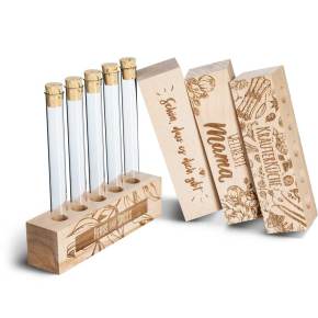 Holz Reagenzglashalter Set mit Gravur, inklusive Reagenzgläsern und Korken. Dekorative Halterung mit personalisierbaren Gravuren auf Holz, ideal für Kräuter und Gewürze.