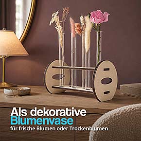 Dekorativer Holzständer Modell Rund mit sechs Reagenzgläsern für Blumen