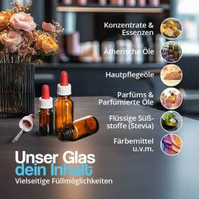 Tropfflasche aus Braunglas zur vielseitigen Verwendung für ätherische Öle, Konzentrate und Essenzen, Hautpflegeöle, Parfüms & Öle, Flüssige Süßstoffe wie Stevia, Färbemittel und Farben u.v.m.