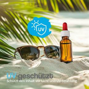 Apothekerflasche mit Pipette aus Glas zum geschützten aufbewahren von Lichtempfindlichen Flüssigkeiten und UV-Strahlung