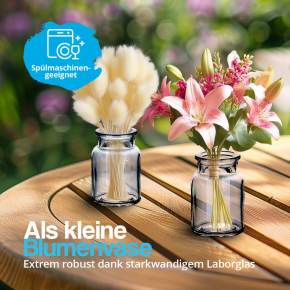 Zwei kleine Glasvasen auf einem Tisch, eine gefüllt mit Trockenblumen und die andere mit frischen Blumen, spülmaschinengeeignet und aus robustem Laborglas.