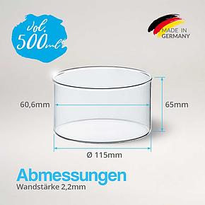 Maßangaben des Borosilikatglases: 65 mm Höhe, Ø Boden 115 mm 500 ml Volumen. Hergestellt in Deutschland.
