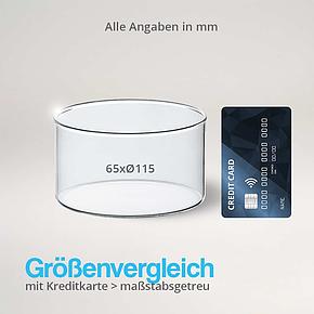 Größenvergleich der Glasschale aus Borosilikatglas (65 x Ø 115 mm) mit einer Kreditkarte.