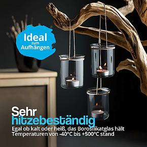 Hängende Windlichter aus Borosilikatglas mit stabilem Rand. Perfekt zum Aufhängen und für Teelichter geeignet.