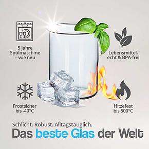 Hitzebeständiges Borosilikat Glas mit filigranem Rand, BPA-frei, lebensmittelecht und spülmaschinenfest