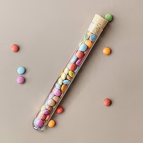 Glas Reagenzglas mit Naturkorken, befüllt mit bunten Schokolinsen – einzelne Smarties liegen verstreut daneben