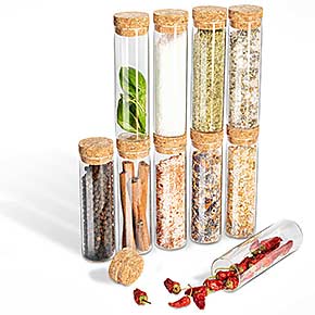 Elegante Gewürzgläser aus Glas mit Korkverschluss, perfekt für getrocknete Zutaten und Gewürze