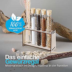 Holz Reagenzglasständer mit 5 Glasröhren Korken – minimalistisch als Gewürzregal