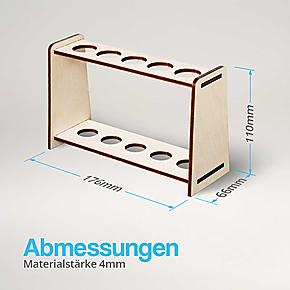 Reagenzglasständer aus Birkenholz – Maße: 176 × 66 × 110 mm (L × B × H), Materialstärke: 4 mm.