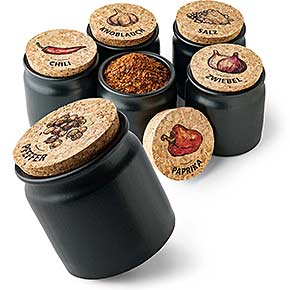 6er Set Vorratsdosen Keramik bedruckt – Salz, Pfeffer, Paprika, Chili, Knoblauch, Zwiebel – Gewürzdosen mit Korken