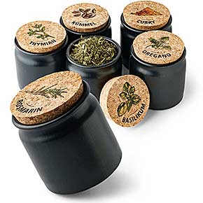 6x Vorratsdose Keramik – Kräuter & Aromen Set – Rosmarin, Thymian, Kreuzkümmel, Curry, Oregano, Basilikum – Gewürzgläser mit Korkverschluss