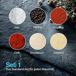 Bedruckte Korken im Set 1 mit Salz, Pfeffer, Paprika, Chili, Knoblauch und Zwiebel