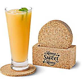6 Stk. Kork-Untersetzer mit Halterung "Home Sweet Home"