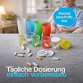 Medikamentenbecher mit beschriftbarem Deckel – praktische Dosierbecher zur Vorbereitung der täglichen Medikamenteneinnahme