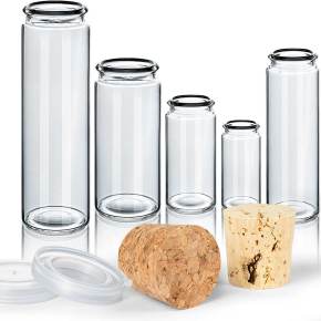 GEwürzgläser mit flachen Boden zum hinstellen und verschiedenen Verschlüssen, Kunststoffdeckel, Presskorken, Naturkorken