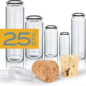 Reagenzglas mit flachen Boden zum hinstellen und verschiedenen Verschlüssen, Kunststoffdeckel, Presskorken, Naturkorken - 25 Stück