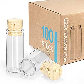 100 Stück Reagenzgläser aus Laborglas mit Rollrand und Natur-Korken - Abmessungen 70x30mm