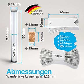 Reagenzglas mit Rundboden 150x17mm mit Presskorken und Etiketten