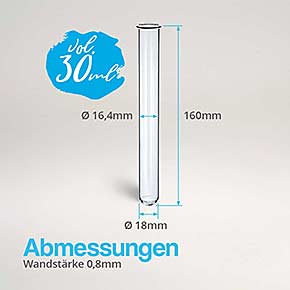 Abmessungen Reagenzglas mit Bördelrand 160x18mm