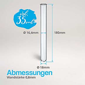 Abmessungen Reagenzglas mit Bördelrand 180x18mm