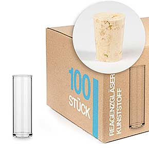 Reagenzglas aus Kunststoff mit Natur-Korken 50x16 - 100er-Set