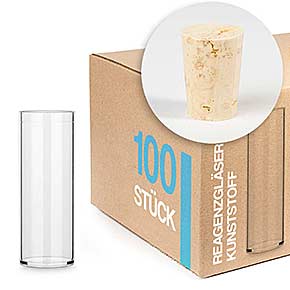 Reagenzglas aus Kunststoff mit Natur-Korken 65x23 - 100er-Set