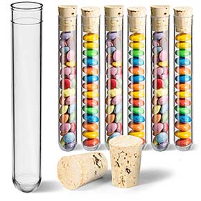 Reagenzgläser aus Kunststoff mit Korken und Schokolinsen (M&Ms) – kreative Geschenkverpackung für Gastgeschenke und Events