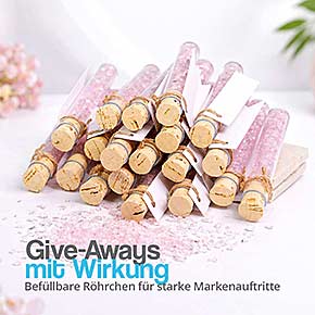 Plastik Reagenzgläser aus Polystyrol als Give-aways für Messen, Events und Firmenveranstaltungen, befüllbar mit Dekor oder kleinen Geschenken