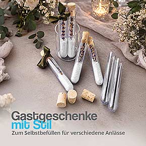 Transparente Plastik Reagenzgläser aus Polystyrol mit Korkverschluss als stilvolle Gastgeschenke zum Selbstbefüllen