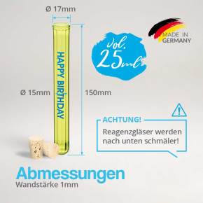 Abmessungen Reagenzglas aus Plastik zum trinken für Partys mit Korken