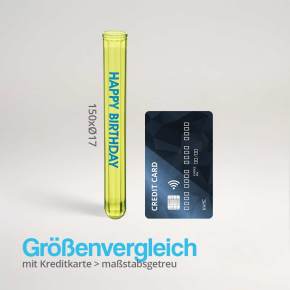 Größenvergleich Neon Reagenzglas gelb als Schnapsglas mit Korken
